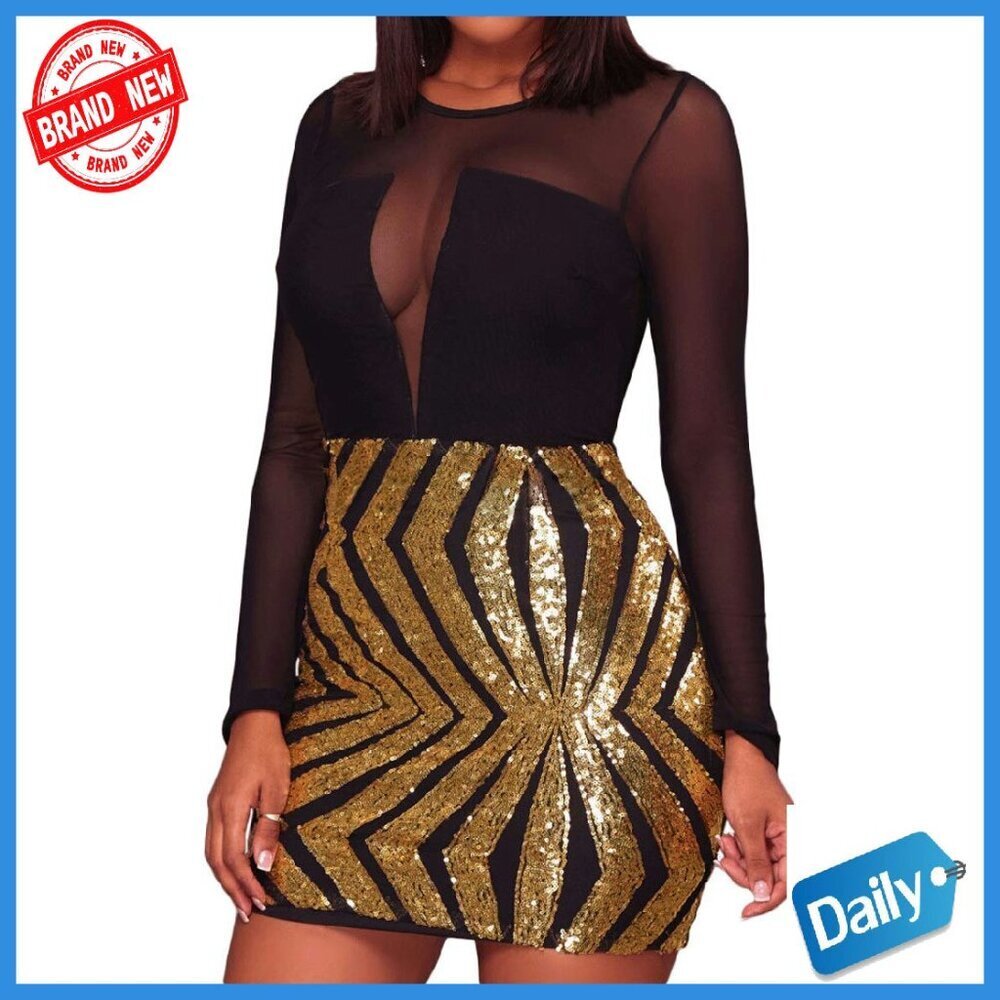 Sheer Mesh Long Sleeve Sequin Dress Plus Size Clubwear